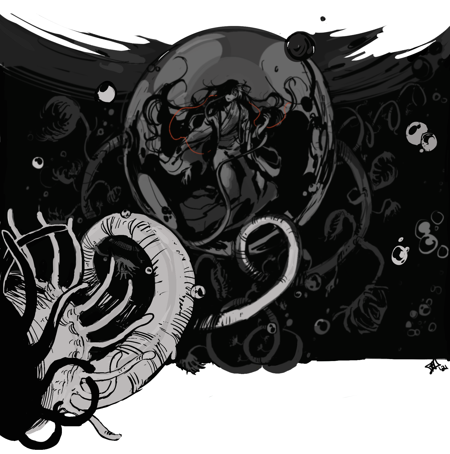 Black and white ink style drawing of Wei Wuxian, asleep, floating inside the waterwheel womb