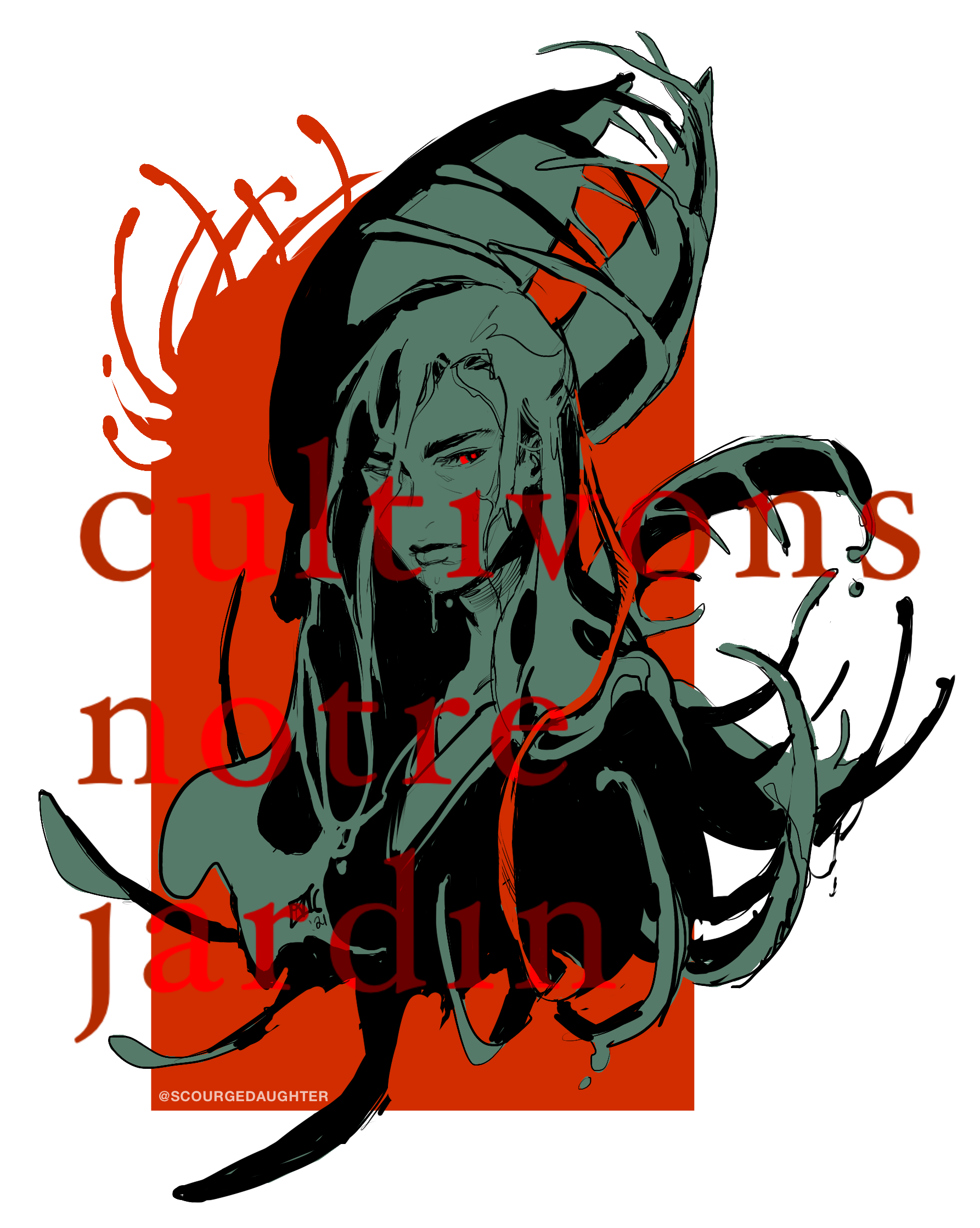 The cover image is a green, black, and red drawing of Wei Wuxian with some waterwheel plant traps behind him, dripping wet. The words Cultivons Notre Jardin are barely legible on top of him.